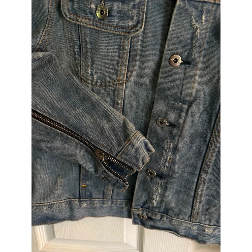MRCLA Denim Jacket Size L Blue Distressed Zipper Sleeve Trucker Mr. Completely